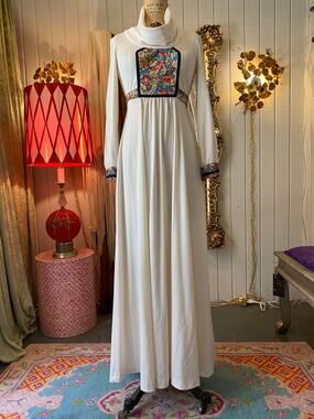 vintage 1970s bib front cowl neck maxi dress, floral patchwork, hippie boho, xs